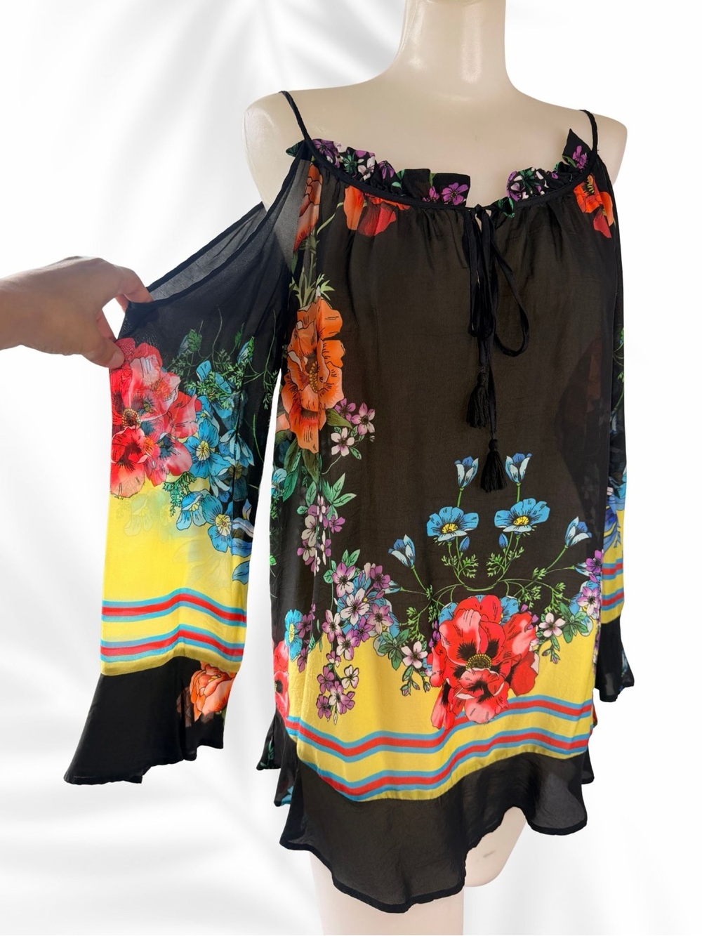 Johnny Was Black Cold Shoulder Floral Tunic with Yellow Border XS